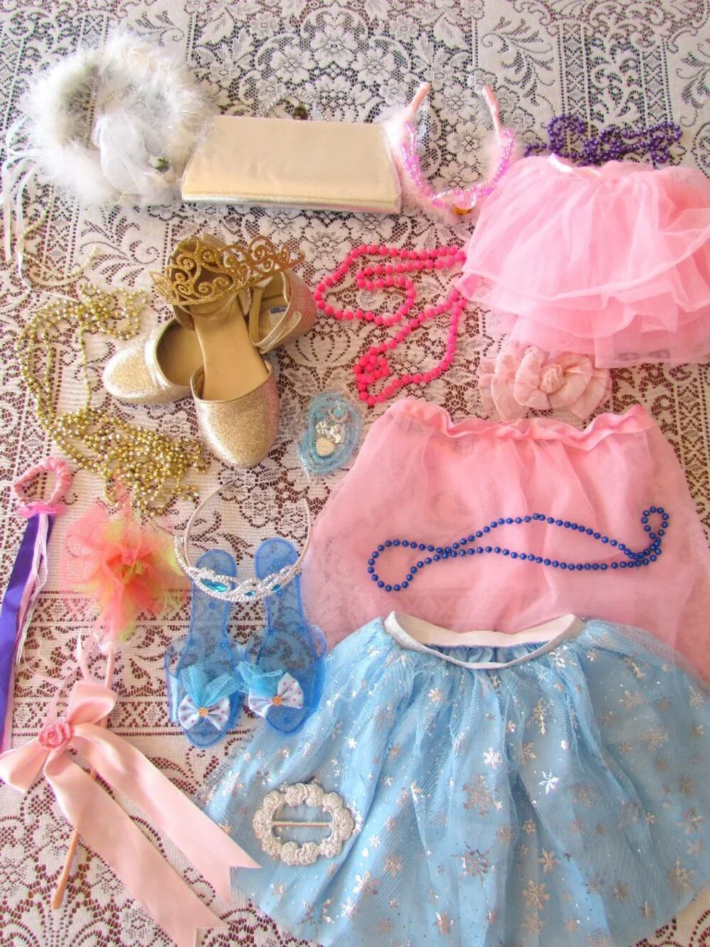 GIRL'S DRESS-UP ACCESSORIES for PLAY, TUTUS, GOLDEN SHOES, TIARAS, NECKLACES